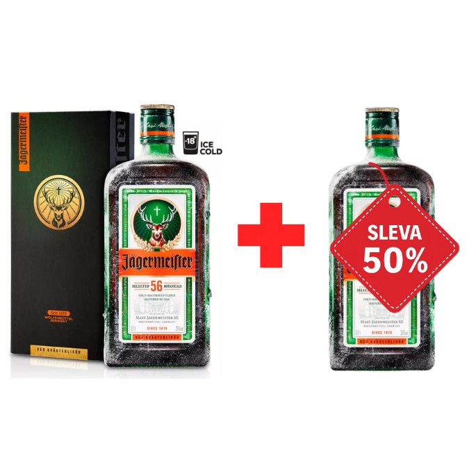 Jägermeister 0,7L 35% v designové krabičce AKCE 1+1 s druhou lahví za polovinu