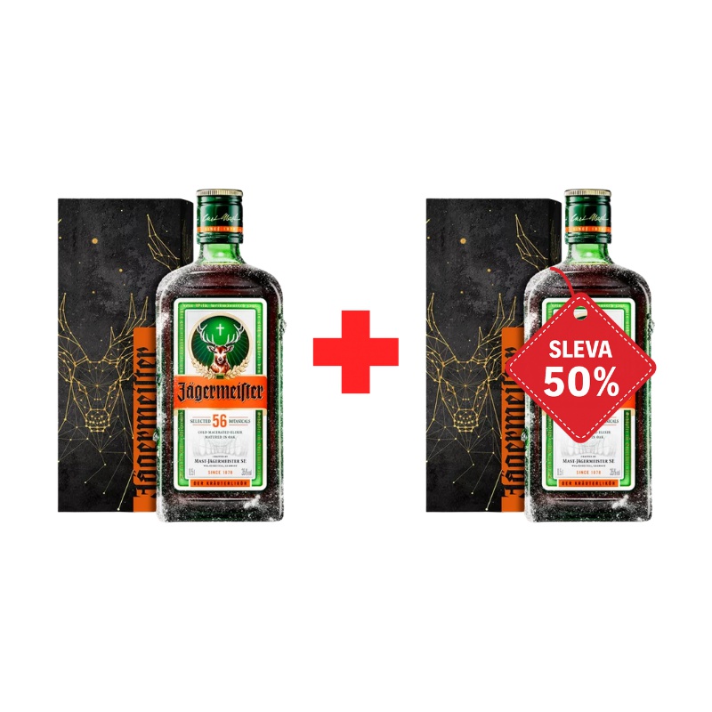Jägermeister 0,5L 35% v designové krabičce AKCE 1+1 s druhou lahví za polovinu