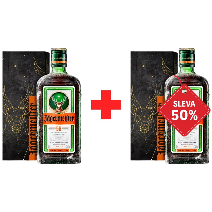 Jägermeister 0,5L 35% v designové krabičce AKCE 1+1 s druhou lahví za polovinu