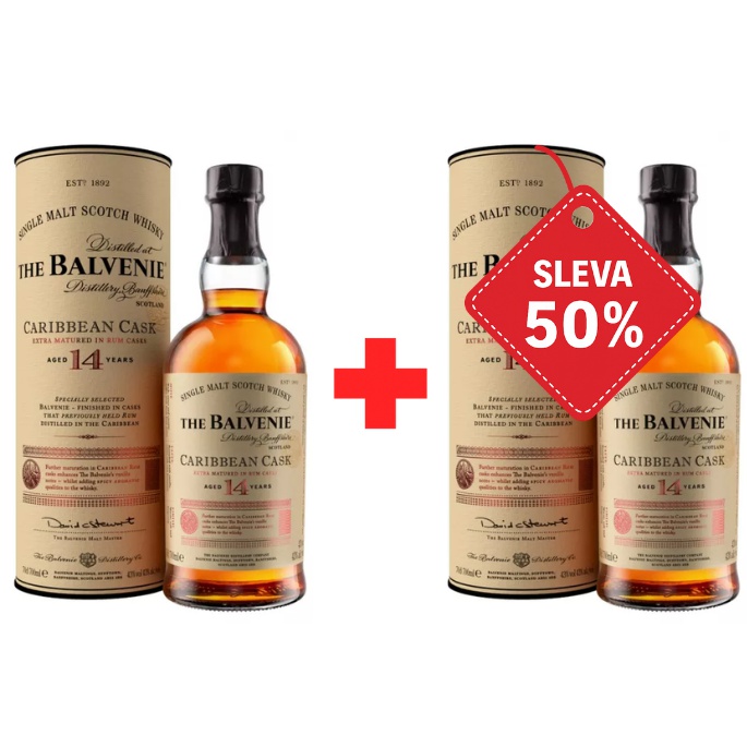 Balvenie 14YO Caribbean Cask 0,7L 43% AKCE 1+1 s druhou lahví za polovinu
