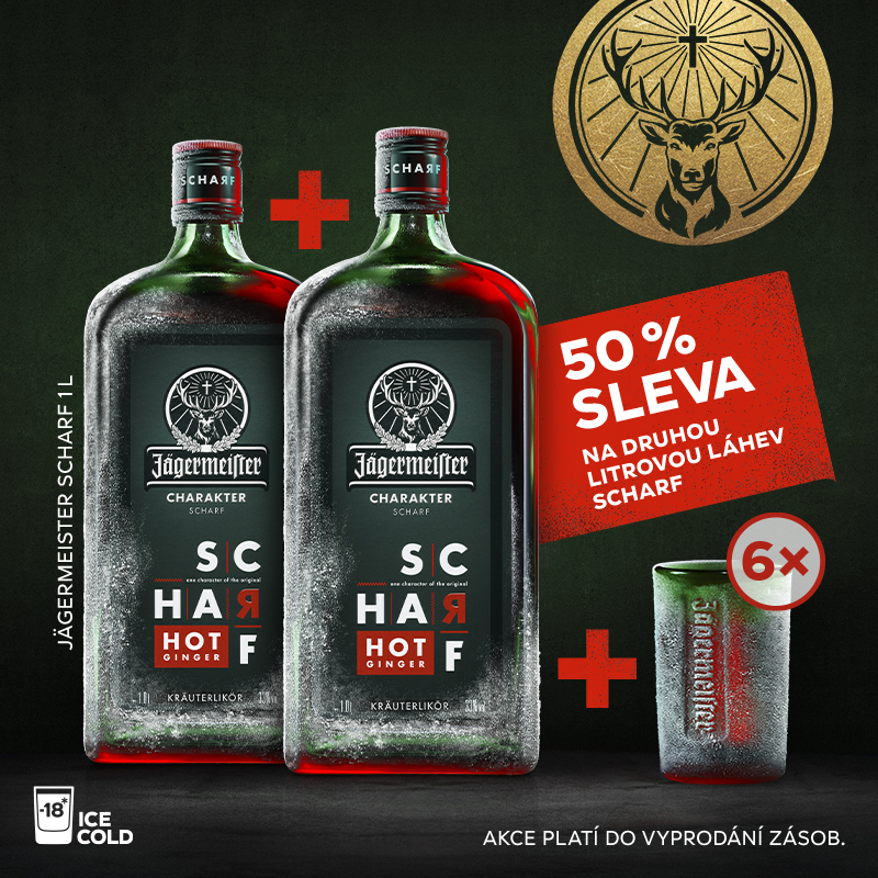 Jägermeister SCHARF 1l 33% AKCE 1+1 s druhou lahví za polovinu + 6 panáků navíc